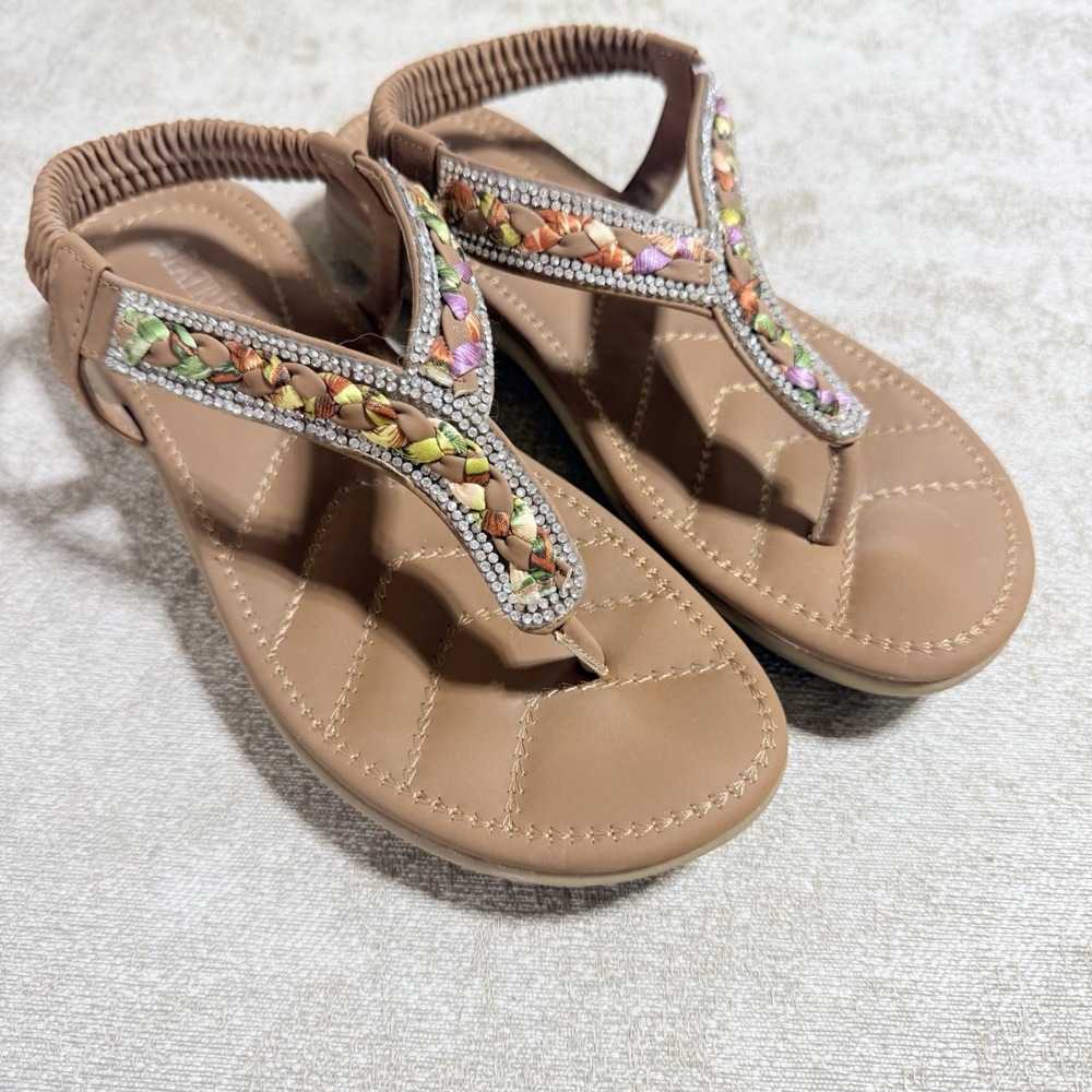 Patrizia by Spring Step Waterflow Tan Rhinestone Braided Slingback Sandals Sz 6